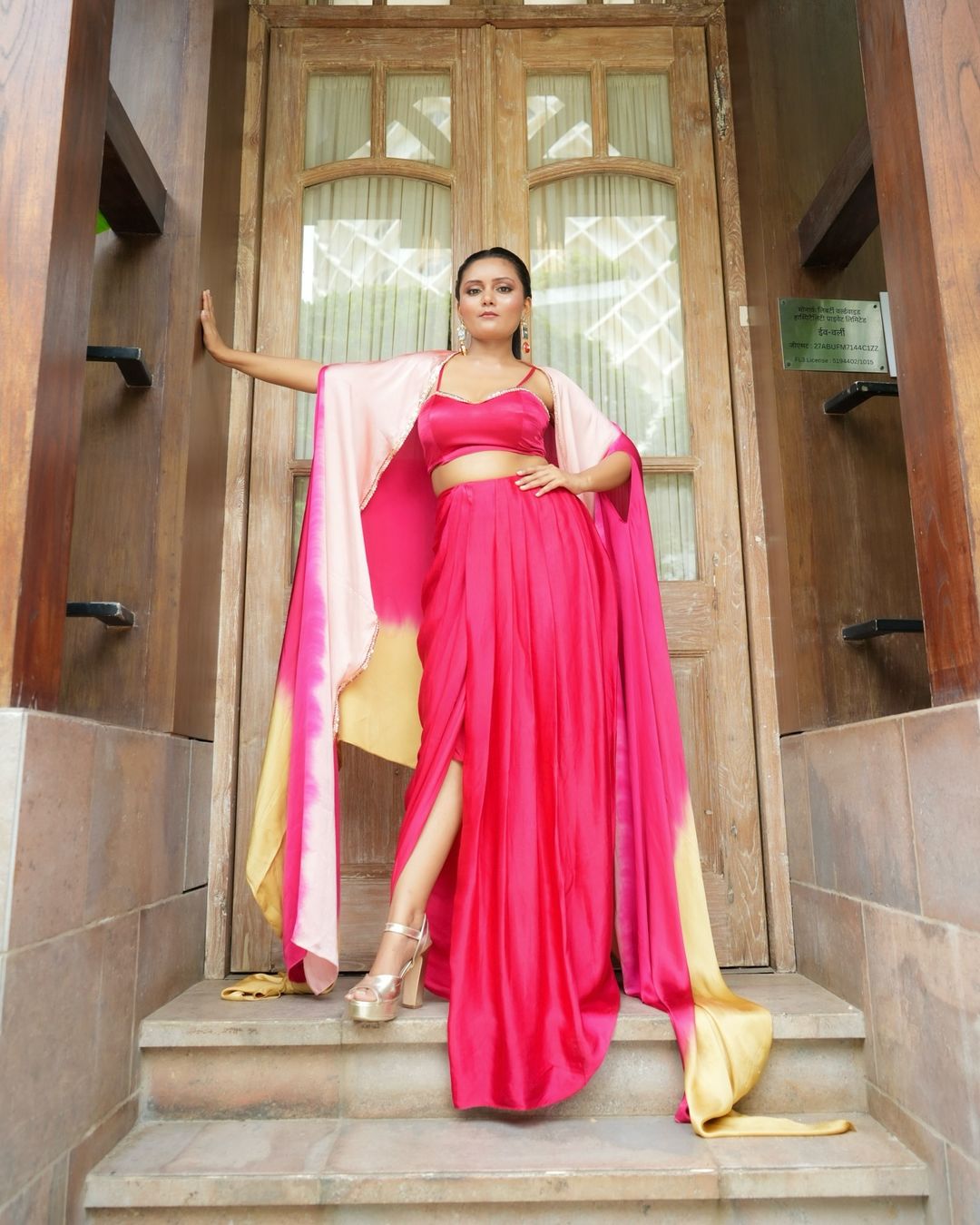 RED SKIRT WITH BLOUSE WITH RED AND GOLD PEACH OMBRE SHRUG