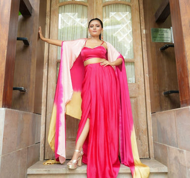 RED SKIRT WITH BLOUSE WITH RED AND GOLD PEACH OMBRE SHRUG