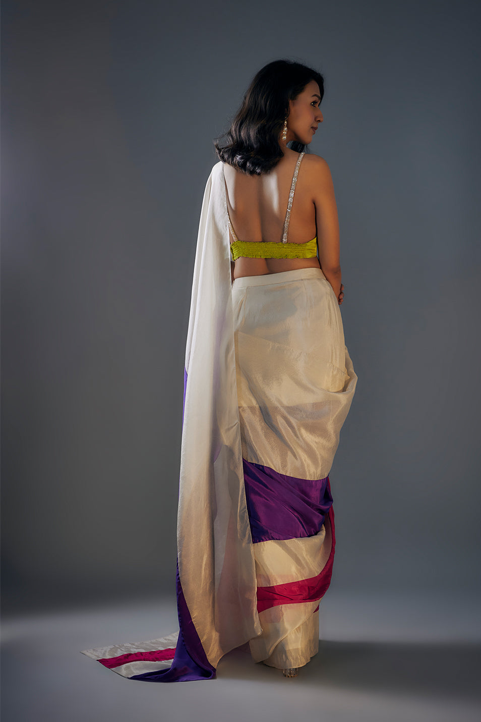Hot Pink ,Purple and Beige  block saree in tissue  with lime green  embroidered  blouse