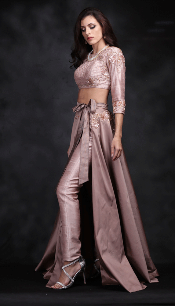 Blush Taffeta Tie Up Skirt With Crop Top And Pants