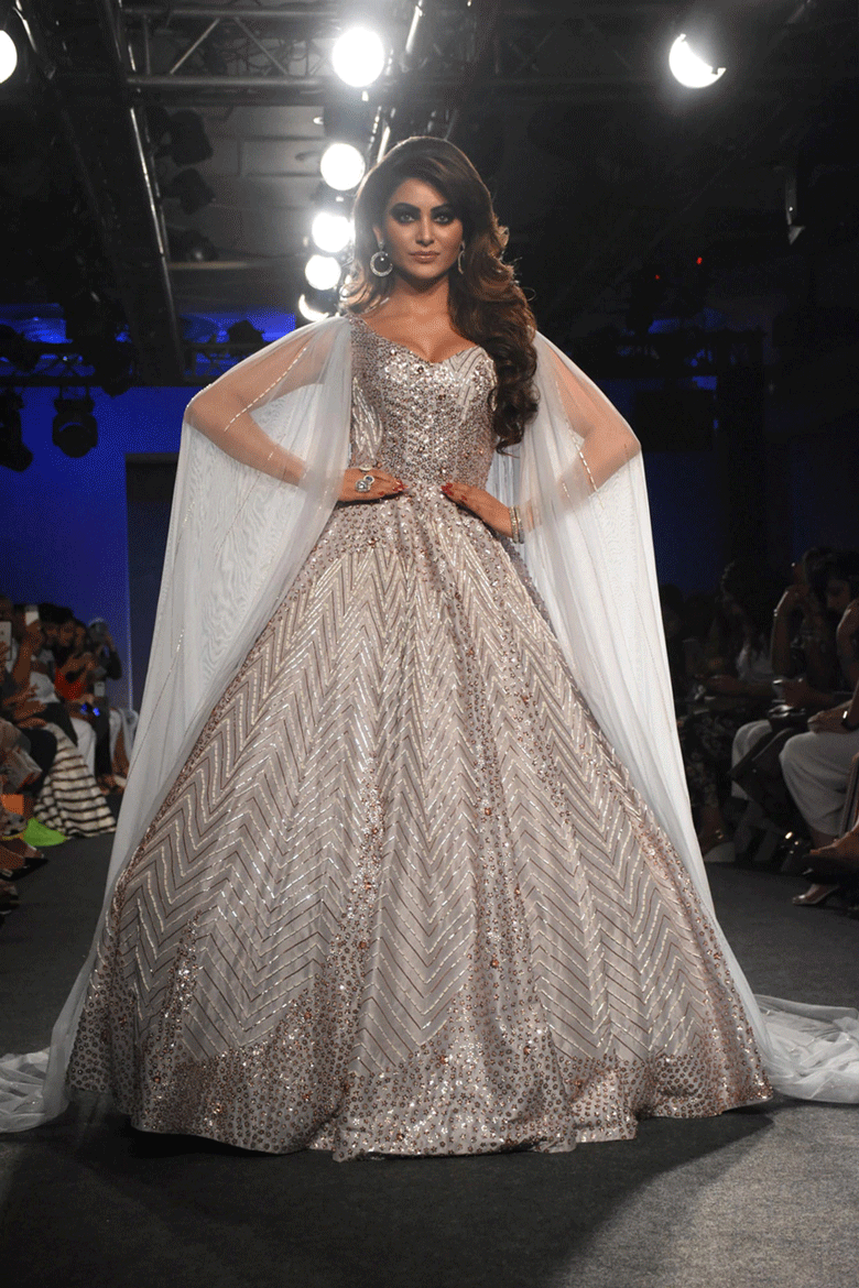 Grey Embroidered Gown With Cape
