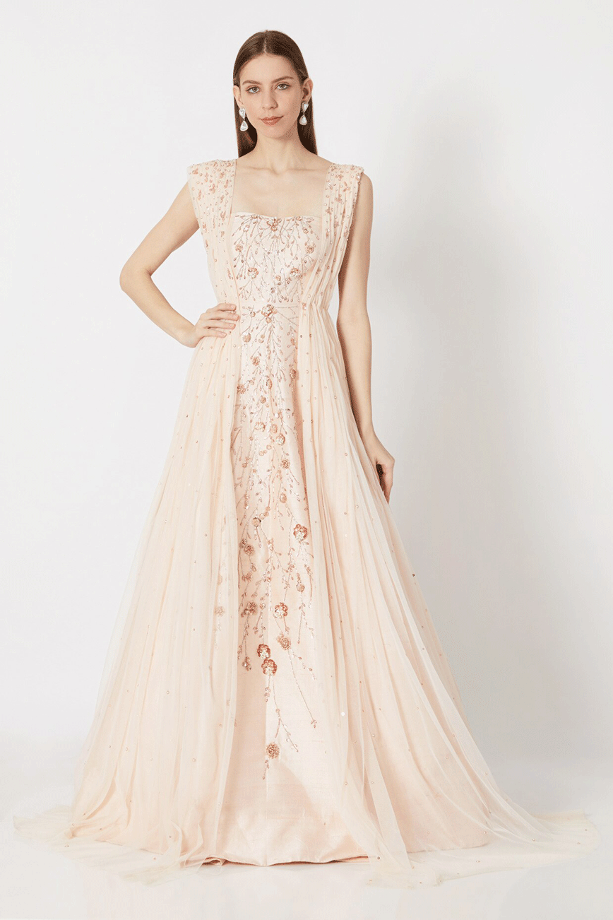 Peach Pink Embroidered Draped Gown