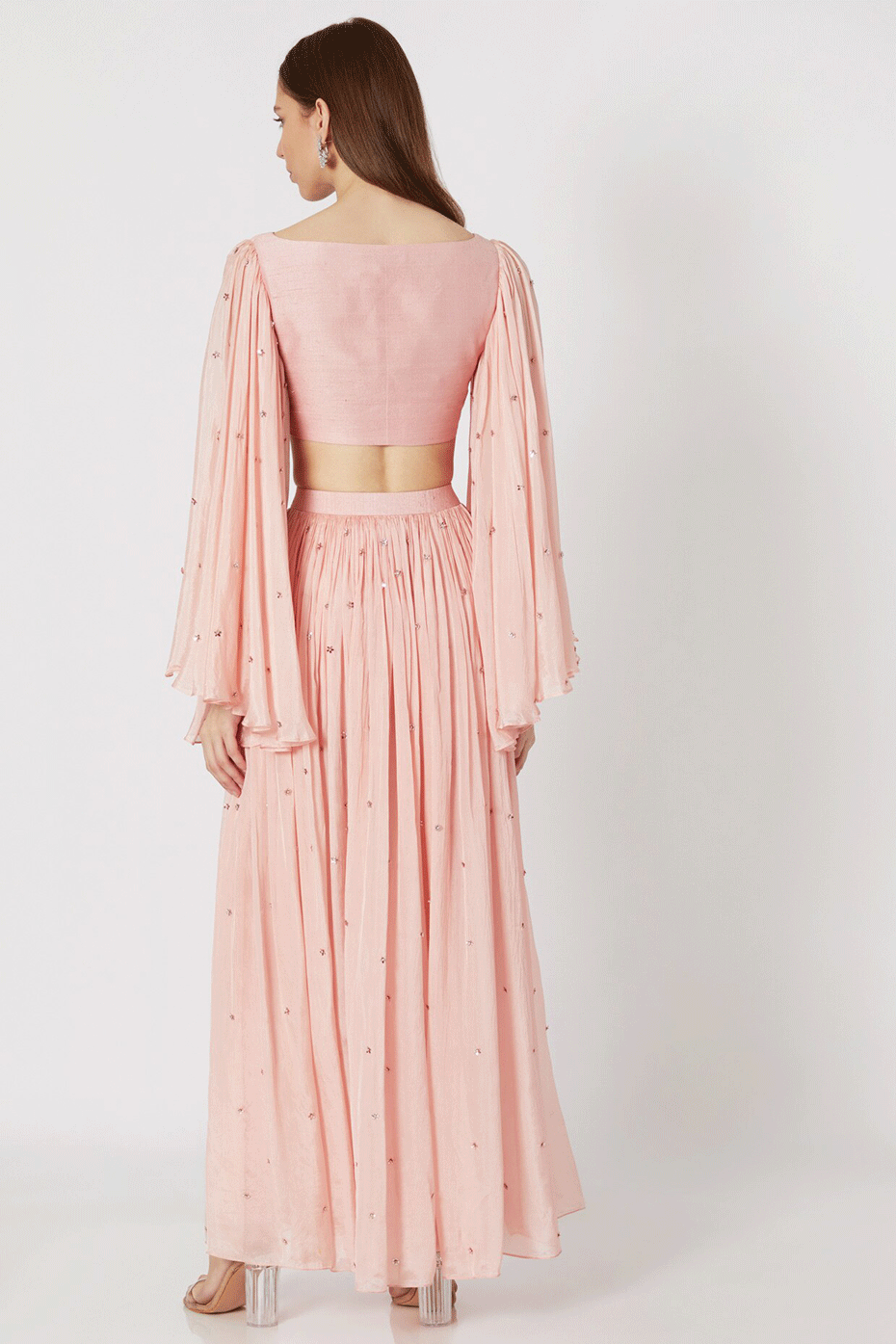 Pink Embroidered Crop Top With Pant-Skirt Set