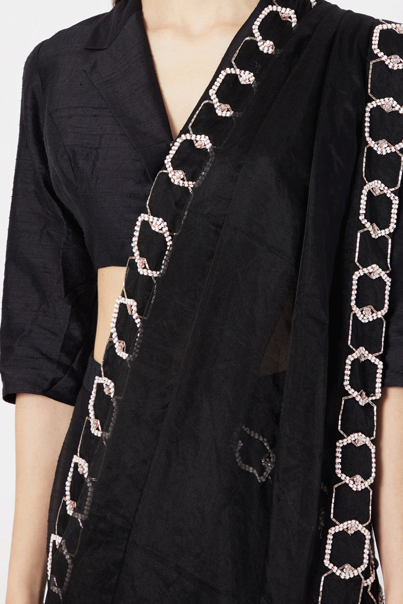 Black Embroidered Pant Saree Set