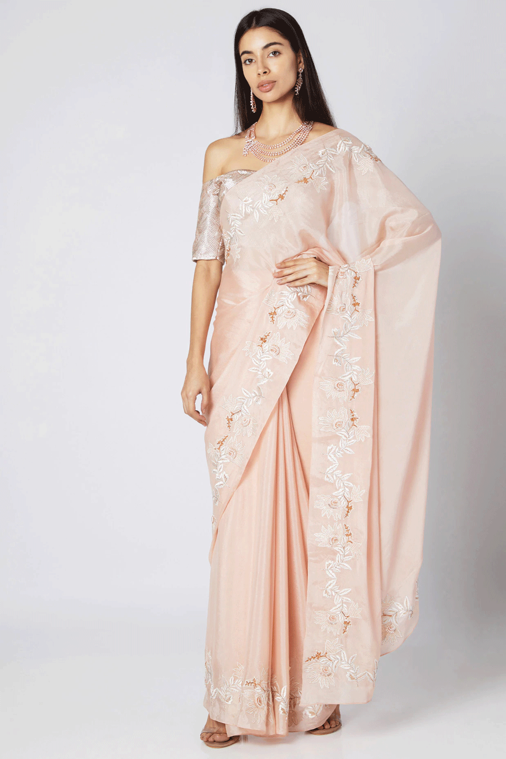 Nude Embroidered Saree Set With Off Shoulder Blouse