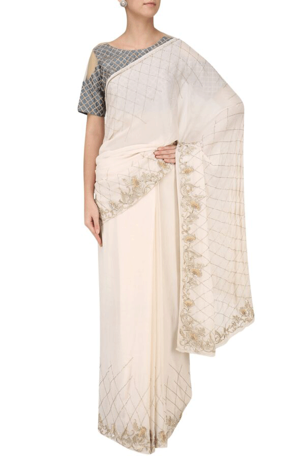 Pink Embroidered Saree with Grey Checks Blouse